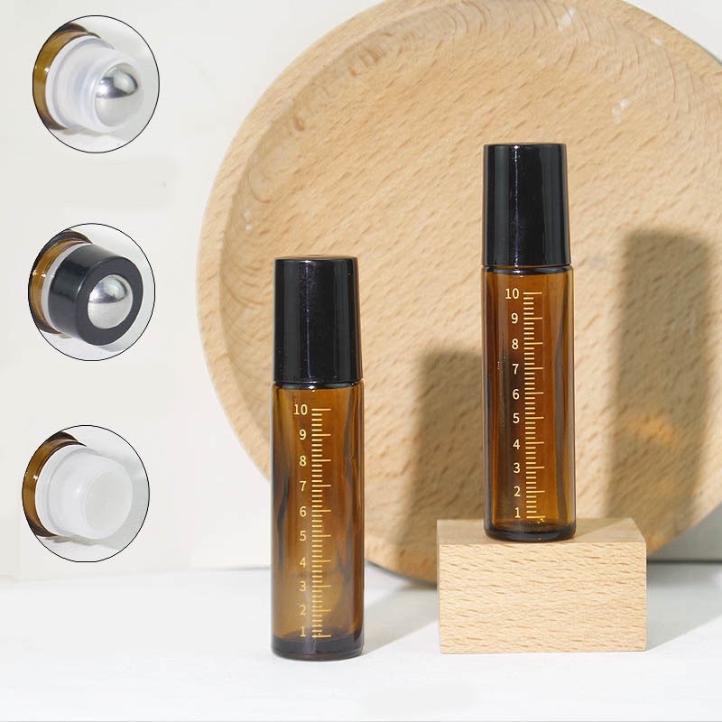 Brown essential oil bottle, 5ml/10ml, glass rollerball bottle, frosted essential oil bottle, wooden cap, rollerball applicator.