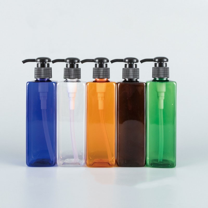 250ml square bottle with pump for repackaging shampoo, body lotion, and hand soap in PET empty bottles.