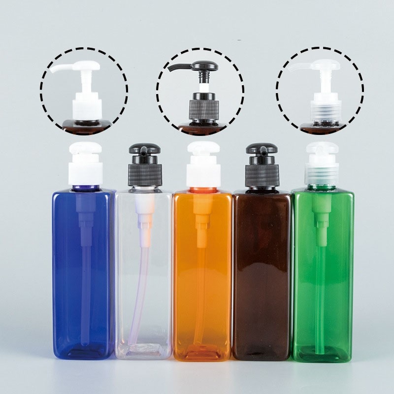 250ml square bottle with pump for repackaging shampoo, body lotion, and hand soap in PET empty bottles.