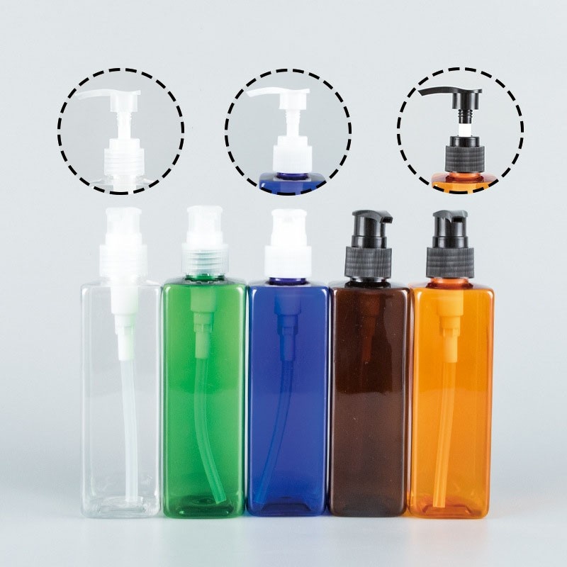 250ml square bottle with pump for repackaging shampoo, body lotion, and hand soap in PET empty bottles.
