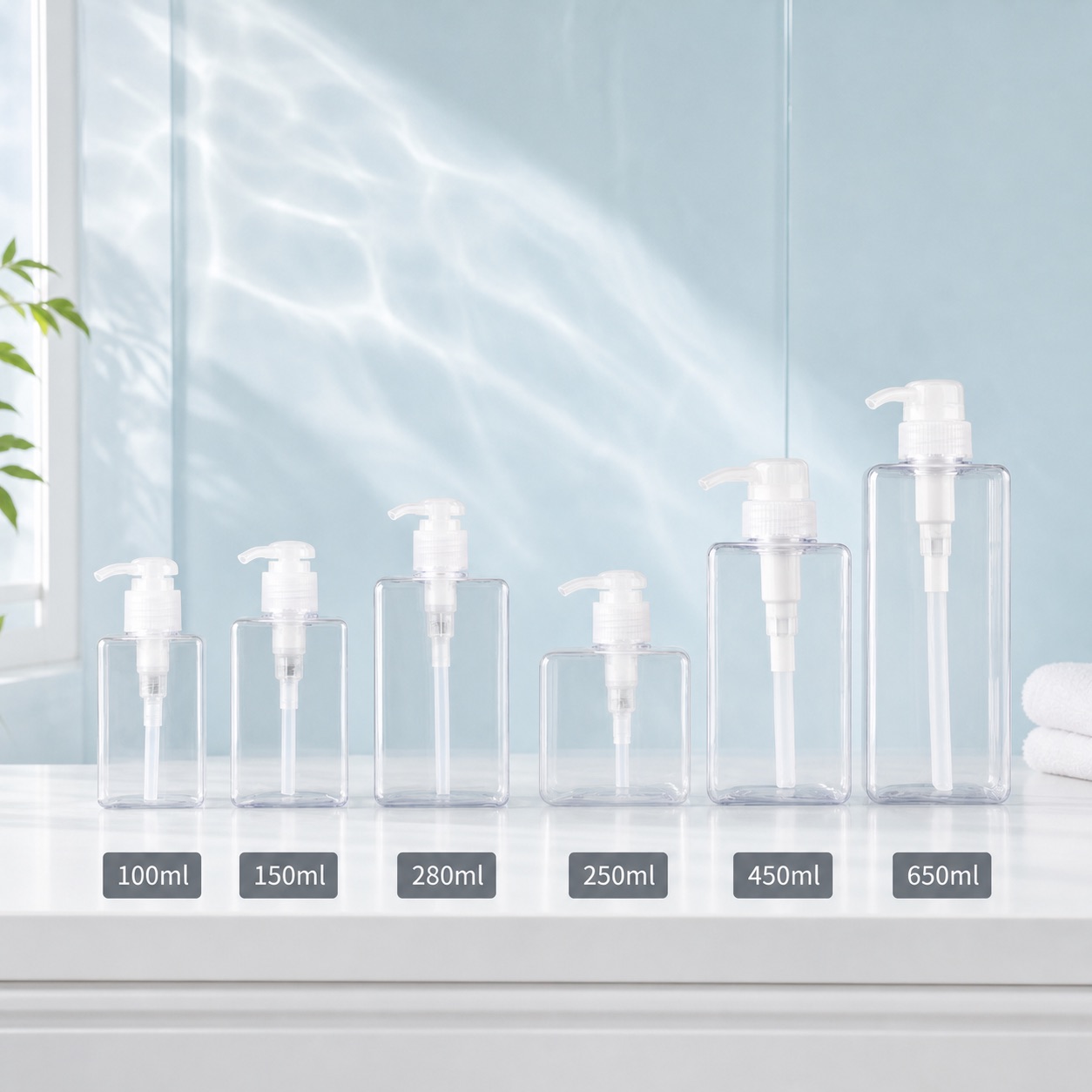 100ml 150ml 250ml 280ml 450ml 650ml PETG Plastic Square Hand Washing White Green Clear Pink Blue Brown Shampoo Shower Gel Bottle